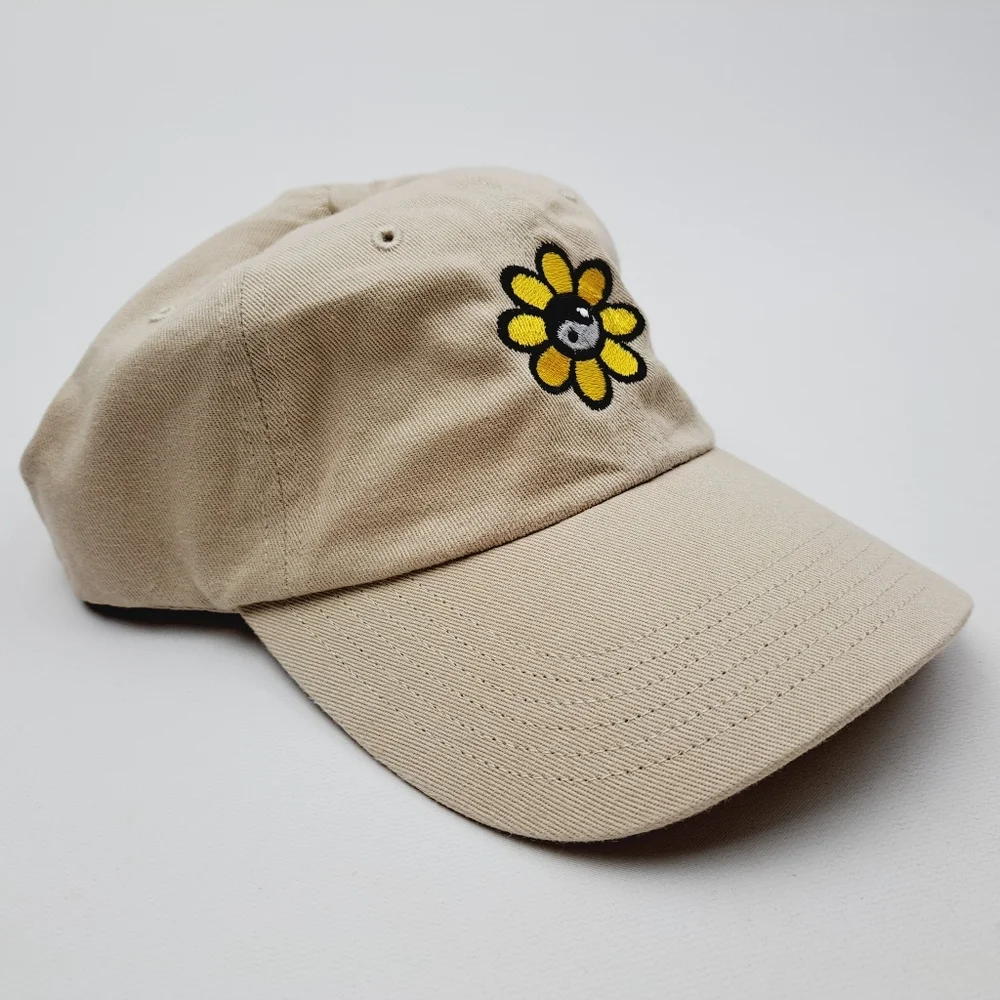 Yin Yang Flower Embroidered Relaxed Cotton Hat Cap Beige Adjusta…